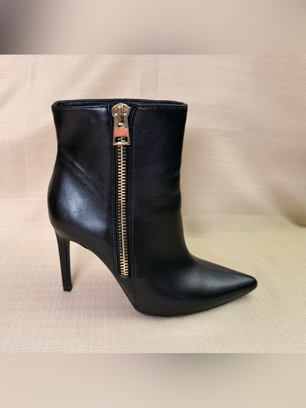 INC International Concepts Black Leather Pointed-Toe Ankle Boot with Gold Zip